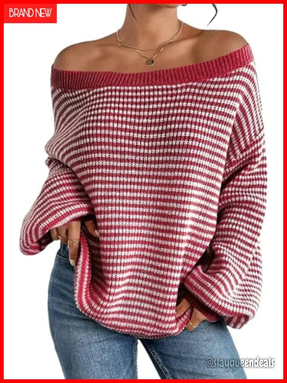 Oversized Striped Off Shoulder Knit Pullover Sweater Fall Long Sleeve Loose Tops